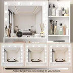 Coiffeuse moderne Okak avec miroir et lumières LED réglables, grande console de maquillage avec trois niveaux de rangement, table de maquillage pour chambres à coucher