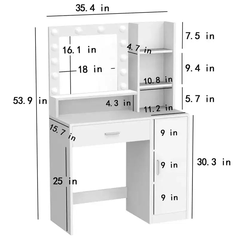 Coiffeuse moderne Okak avec miroir et lumières LED réglables, grande console de maquillage avec trois niveaux de rangement, table de maquillage pour chambres à coucher