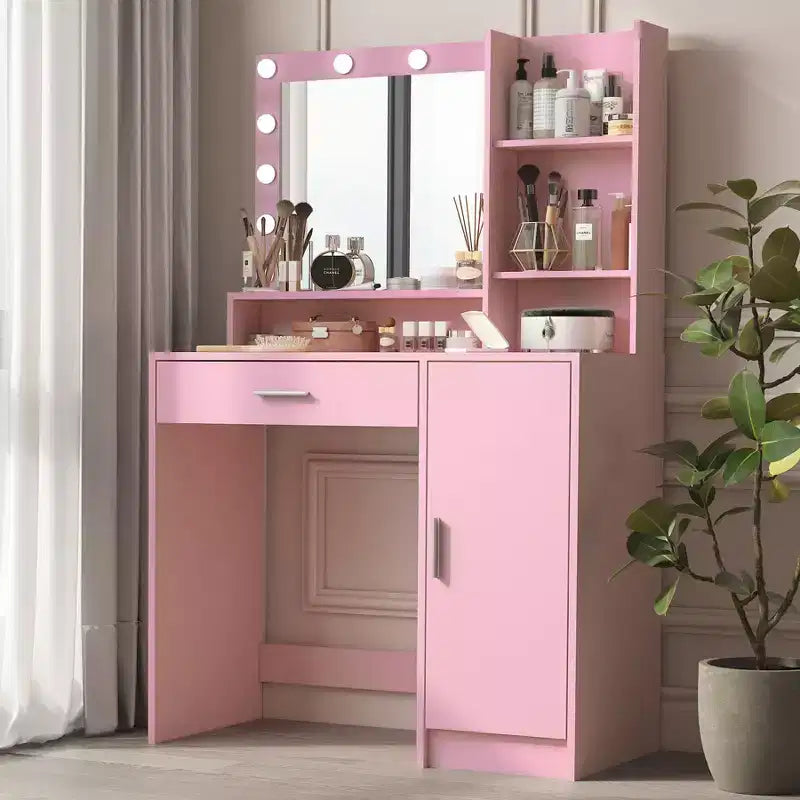 Coiffeuse moderne Okak avec miroir et lumières LED réglables, grande console de maquillage avec trois niveaux de rangement, table de maquillage pour chambres à coucher