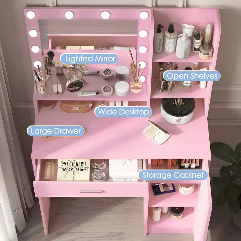 Coiffeuse moderne Okak avec miroir et lumières LED réglables, grande console de maquillage avec trois niveaux de rangement, table de maquillage pour chambres à coucher
