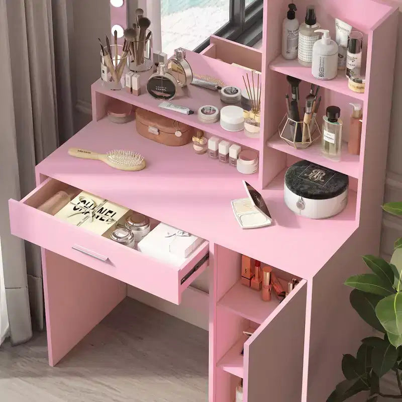 Coiffeuse moderne Okak avec miroir et lumières LED réglables, grande console de maquillage avec trois niveaux de rangement, table de maquillage pour chambres à coucher
