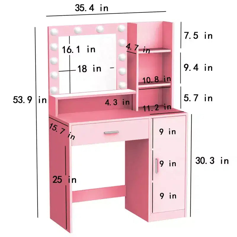 Coiffeuse moderne Okak avec miroir et lumières LED réglables, grande console de maquillage avec trois niveaux de rangement, table de maquillage pour chambres à coucher