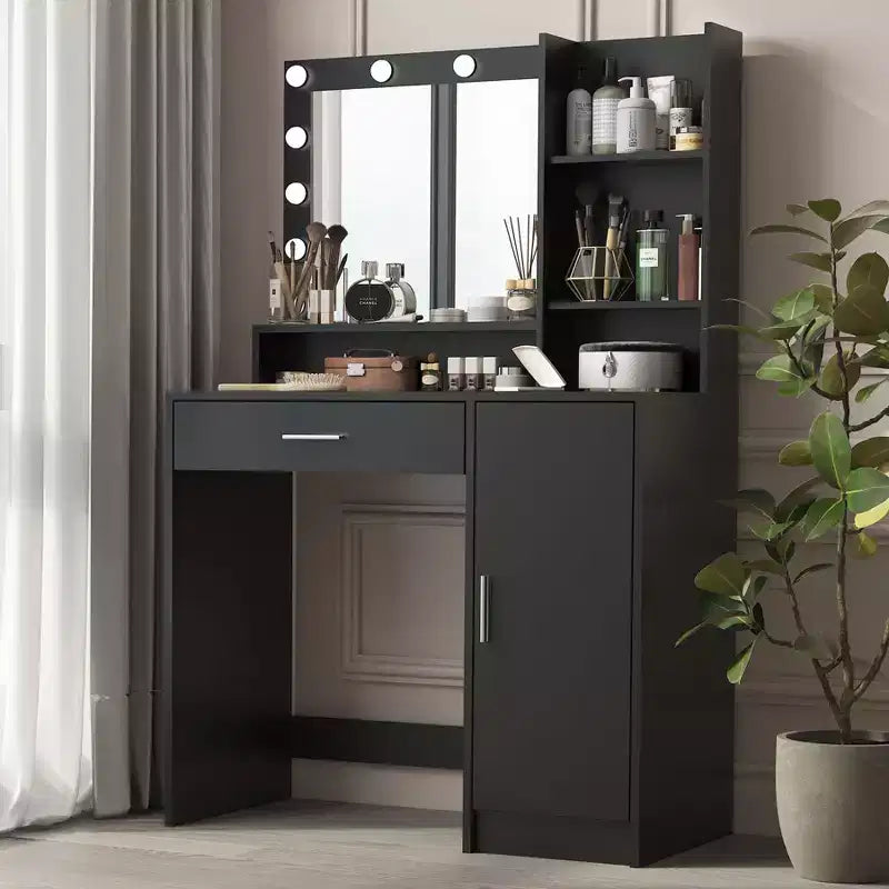 Coiffeuse moderne Okak avec miroir et lumières LED réglables, grande console de maquillage avec trois niveaux de rangement, table de maquillage pour chambres à coucher