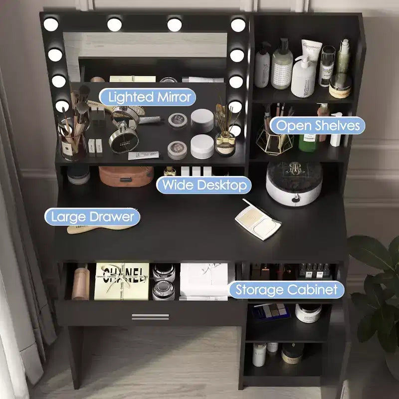 Coiffeuse moderne Okak avec miroir et lumières LED réglables, grande console de maquillage avec trois niveaux de rangement, table de maquillage pour chambres à coucher