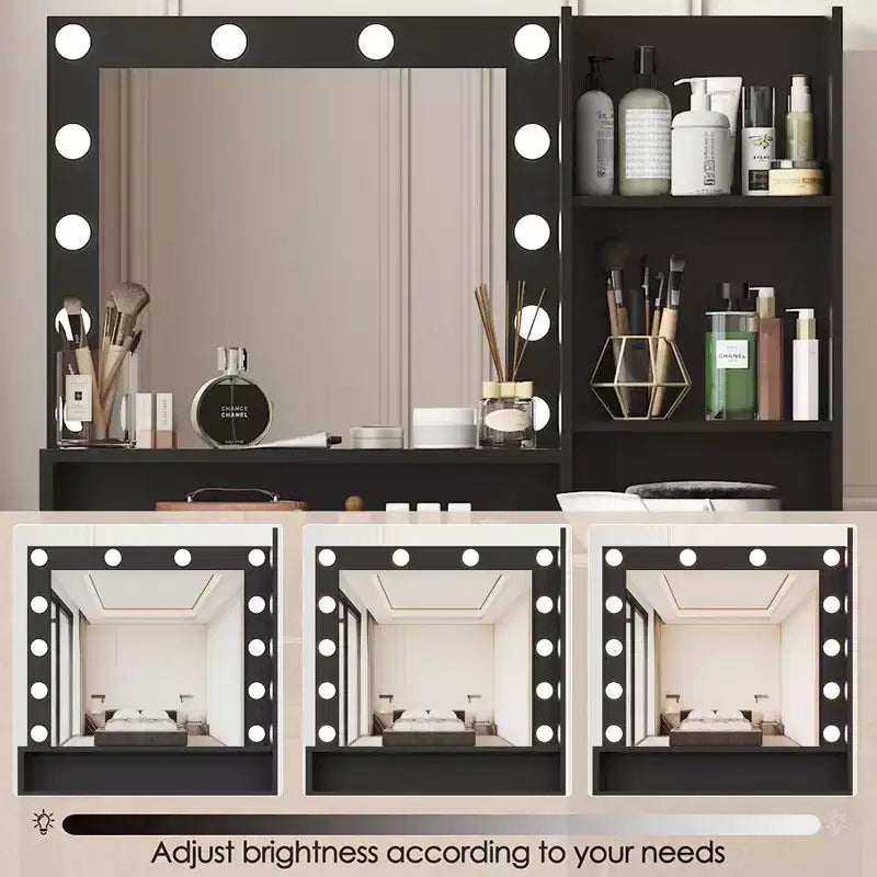 Coiffeuse moderne Okak avec miroir et lumières LED réglables, grande console de maquillage avec trois niveaux de rangement, table de maquillage pour chambres à coucher
