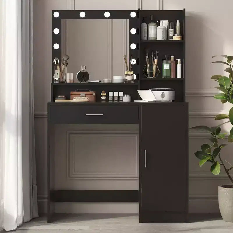 Coiffeuse moderne Okak avec miroir et lumières LED réglables, grande console de maquillage avec trois niveaux de rangement, table de maquillage pour chambres à coucher