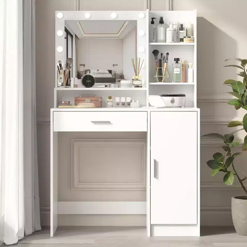 Coiffeuse moderne Okak avec miroir et lumières LED réglables, grande console de maquillage avec trois niveaux de rangement, table de maquillage pour chambres à coucher
