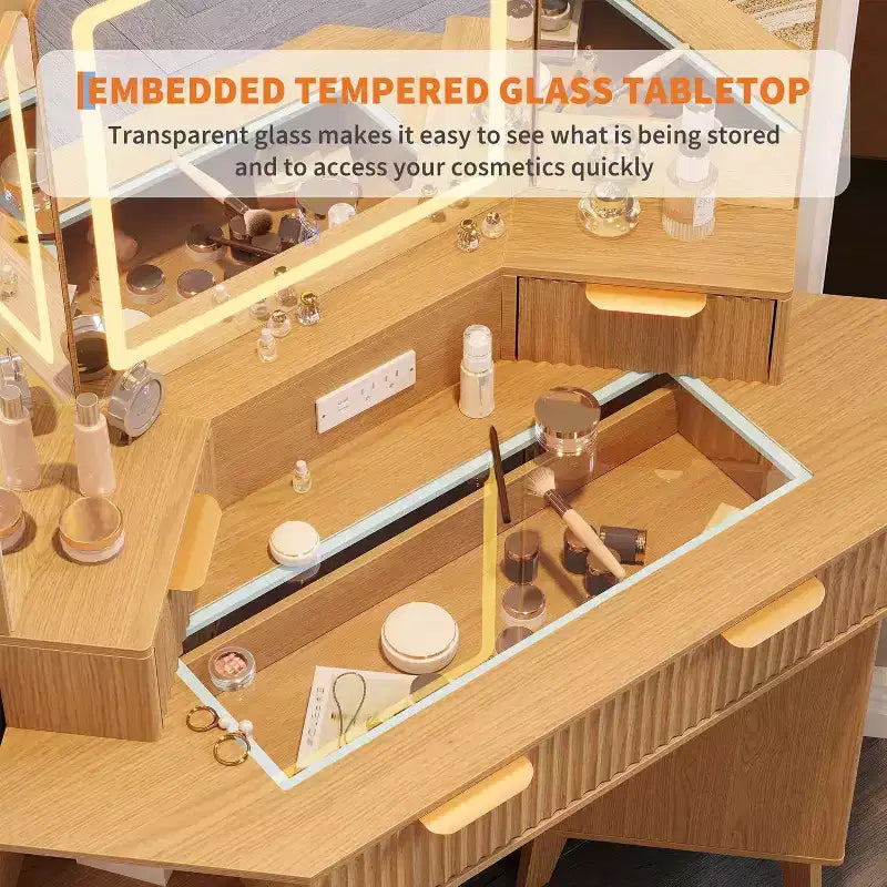 Coiffeuse Acekool cannelée avec miroir, plateau en verre, armoire et tiroirs, table de maquillage