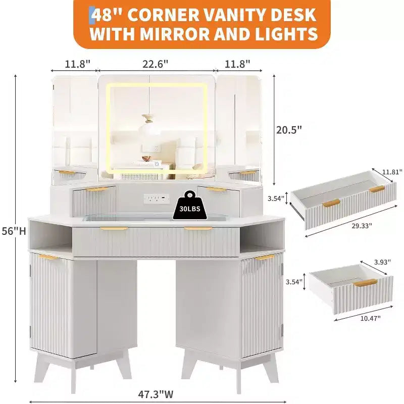 Coiffeuse Acekool cannelée avec miroir, plateau en verre, armoire et tiroirs, table de maquillage