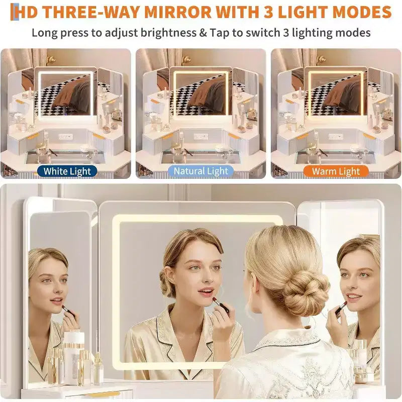 Coiffeuse Acekool cannelée avec miroir, plateau en verre, armoire et tiroirs, table de maquillage