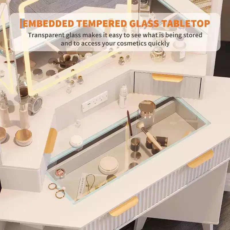 Coiffeuse Acekool cannelée avec miroir, plateau en verre, armoire et tiroirs, table de maquillage