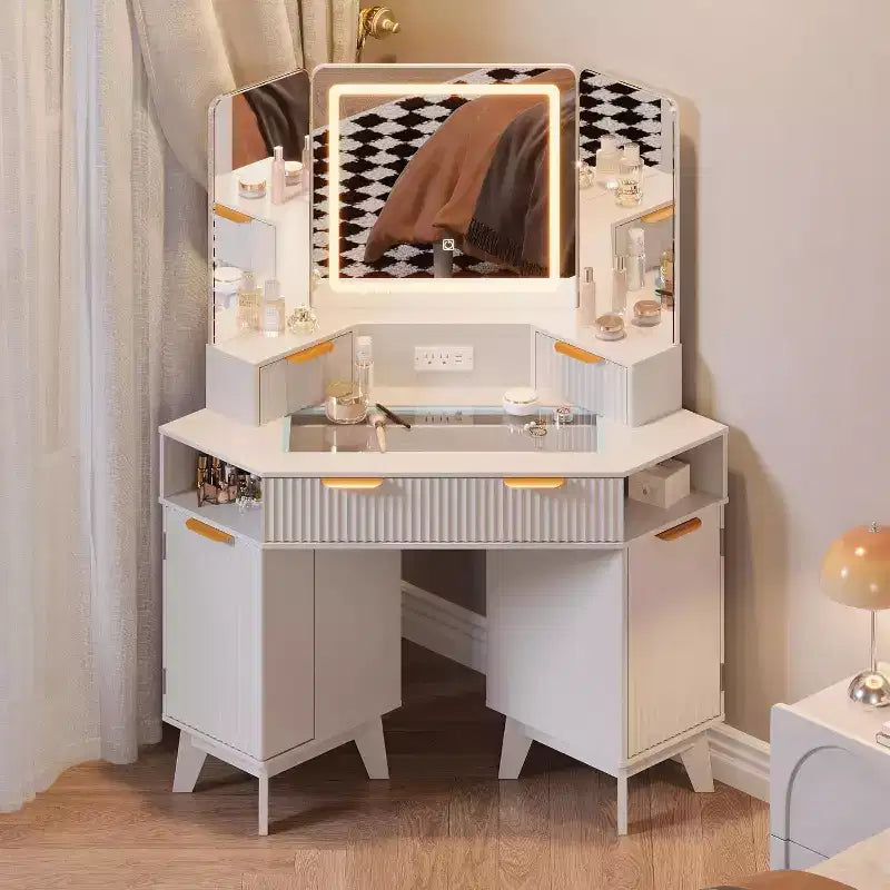 Coiffeuse Acekool cannelée avec miroir, plateau en verre, armoire et tiroirs, table de maquillage