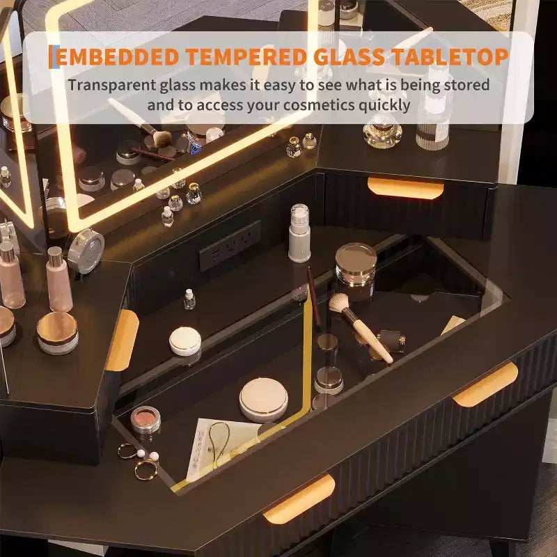 Coiffeuse Acekool cannelée avec miroir, plateau en verre, armoire et tiroirs, table de maquillage