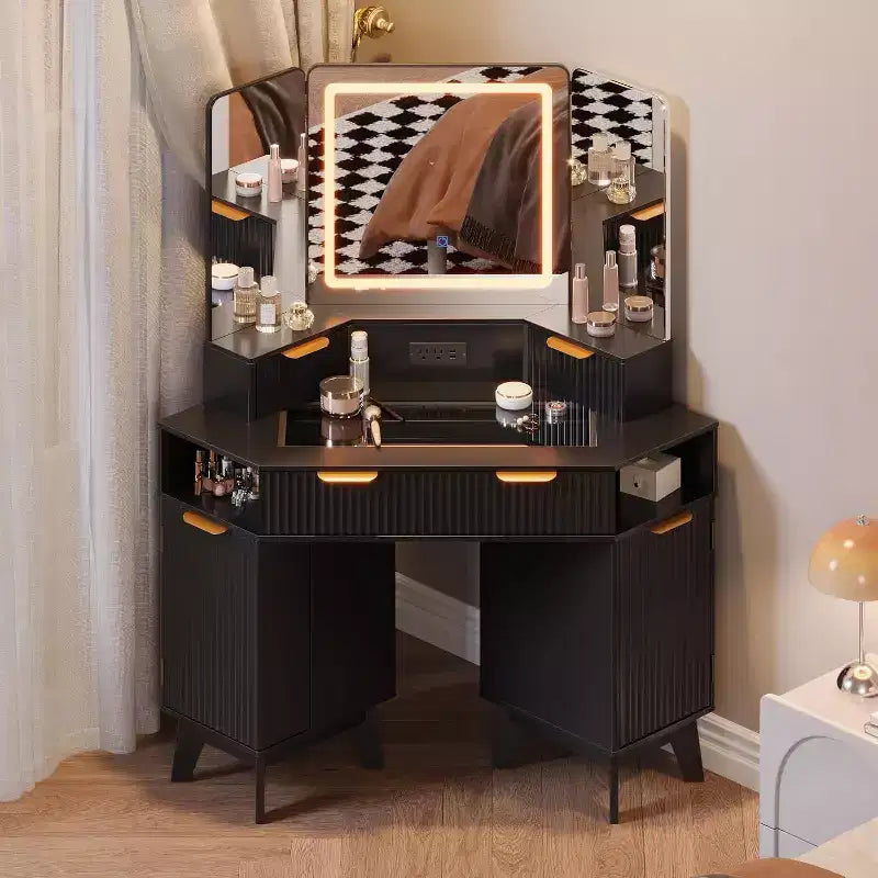 Coiffeuse Acekool cannelée avec miroir, plateau en verre, armoire et tiroirs, table de maquillage