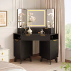 Acekool Fluted Vanity Table with Mirror, Glass Top, Cabinet and Drawers, Makeup Desk