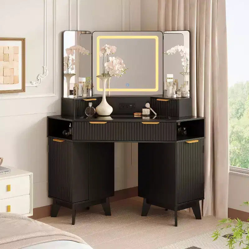 Acekool Fluted Vanity Table with Mirror, Glass Top, Cabinet and Drawers, Makeup Desk