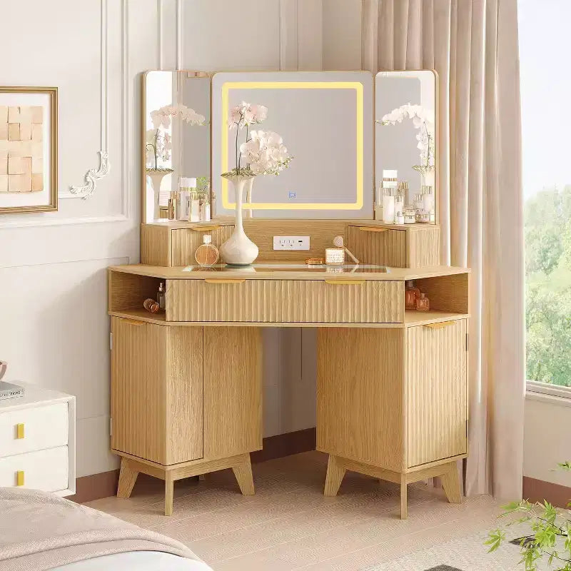 Coiffeuse Acekool cannelée avec miroir, plateau en verre, armoire et tiroirs, table de maquillage