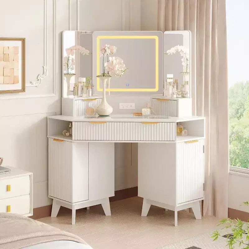 Coiffeuse Acekool cannelée avec miroir, plateau en verre, armoire et tiroirs, table de maquillage