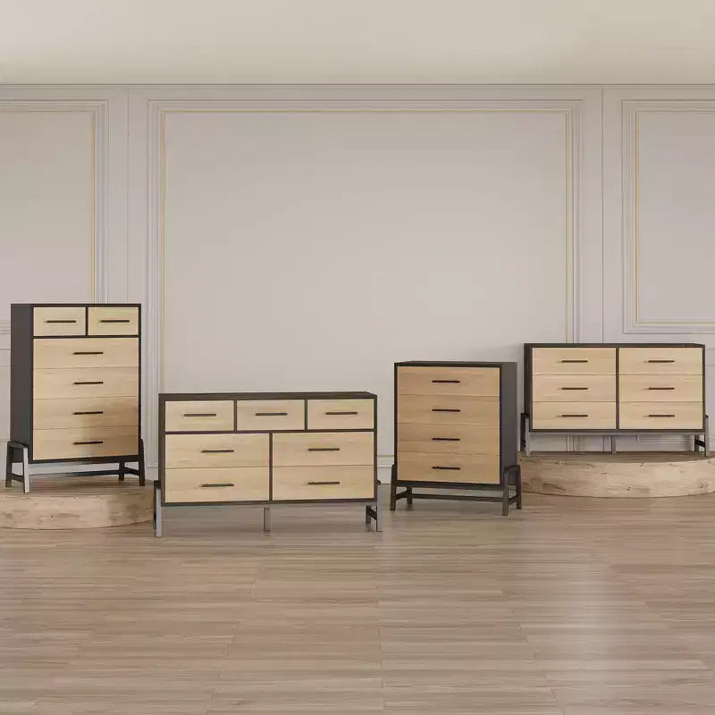 Commode à 6 tiroirs en chêne naturel, meuble de rangement autoportant (118 cm de hauteur) pour chambre, salon ou entrée