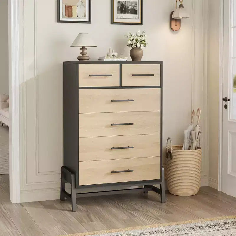 Commode à 6 tiroirs en chêne naturel, meuble de rangement autoportant (118 cm de hauteur) pour chambre, salon ou entrée