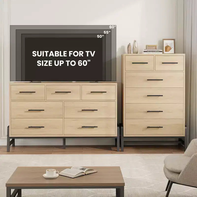 Commode à 6 tiroirs en chêne naturel, meuble de rangement autoportant (118 cm de hauteur) pour chambre, salon ou entrée