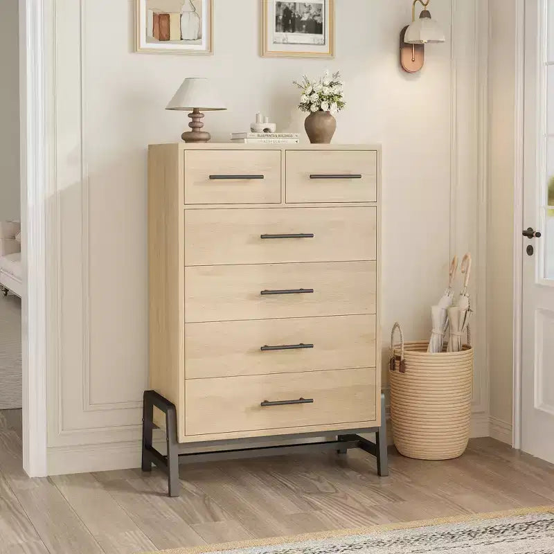 Commode à 6 tiroirs en chêne naturel, meuble de rangement autoportant (118 cm de hauteur) pour chambre, salon ou entrée