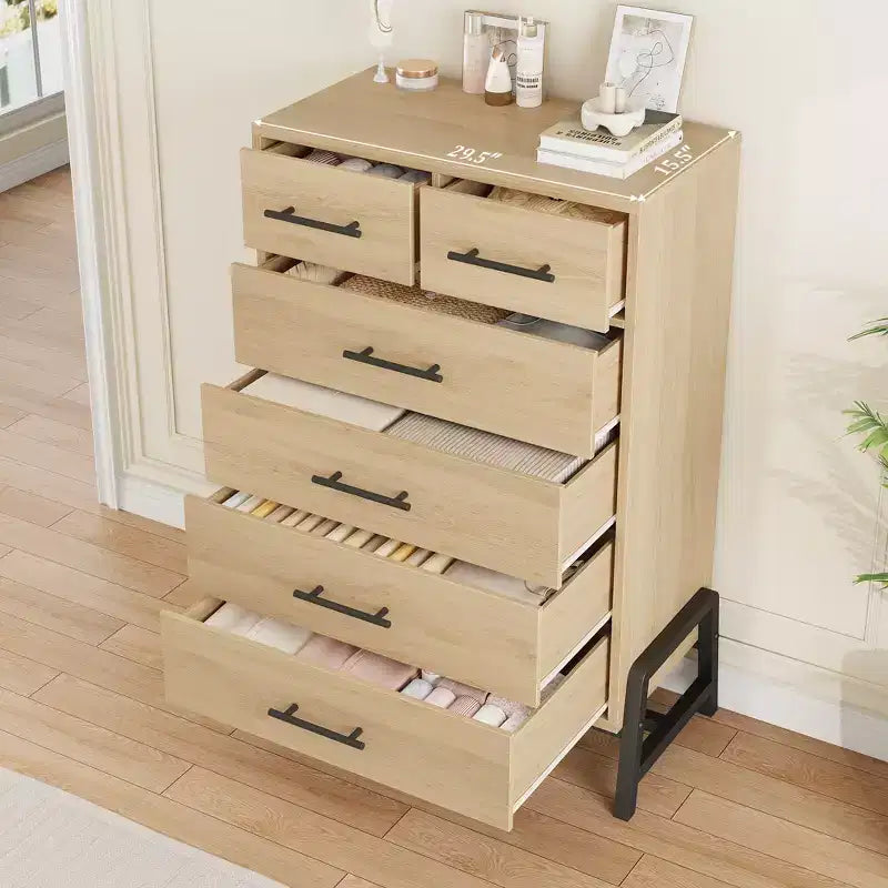 Commode à 6 tiroirs en chêne naturel, meuble de rangement autoportant (118 cm de hauteur) pour chambre, salon ou entrée