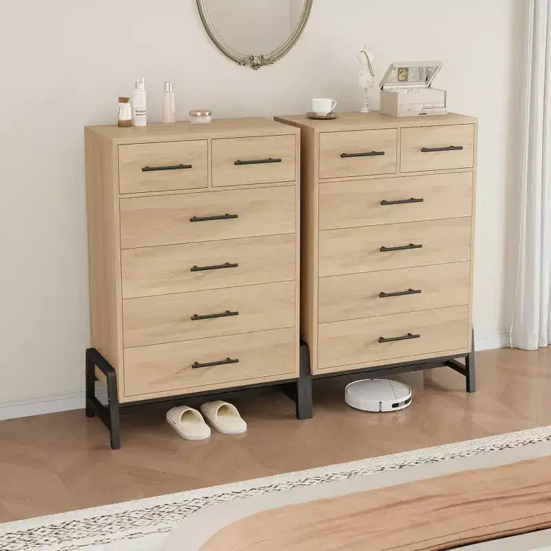 Commode à 6 tiroirs en chêne naturel, meuble de rangement autoportant (118 cm de hauteur) pour chambre, salon ou entrée