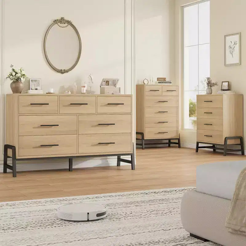 Commode à 6 tiroirs en chêne naturel, meuble de rangement autoportant (118 cm de hauteur) pour chambre, salon ou entrée