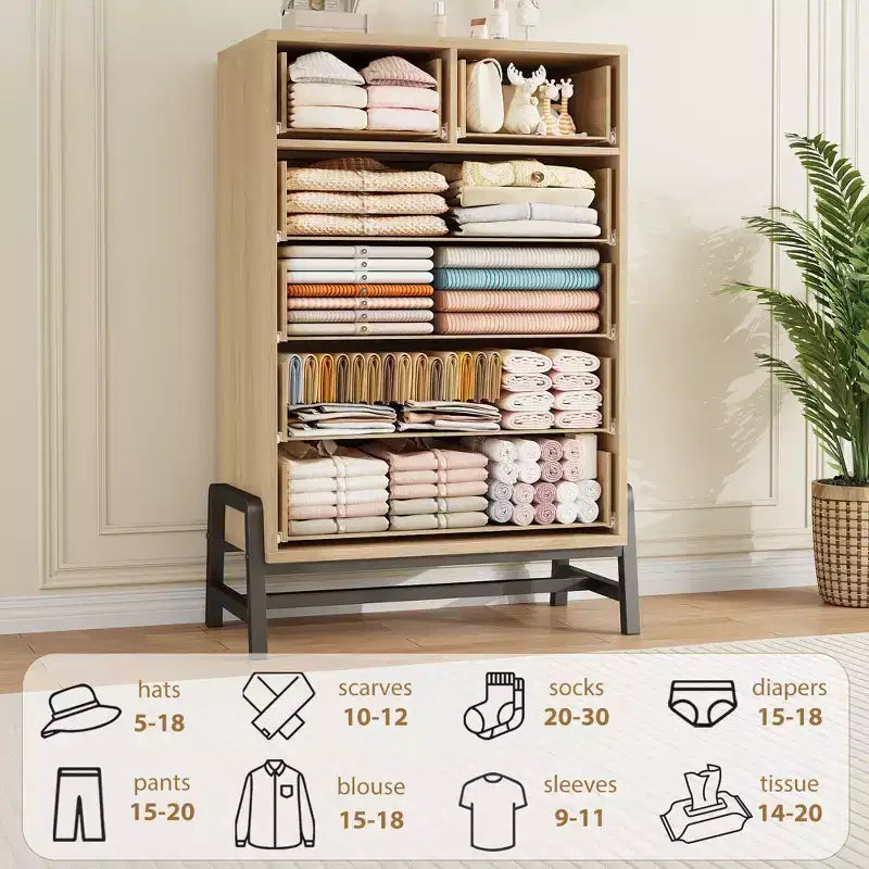 Commode à 6 tiroirs en chêne naturel, meuble de rangement autoportant (118 cm de hauteur) pour chambre, salon ou entrée