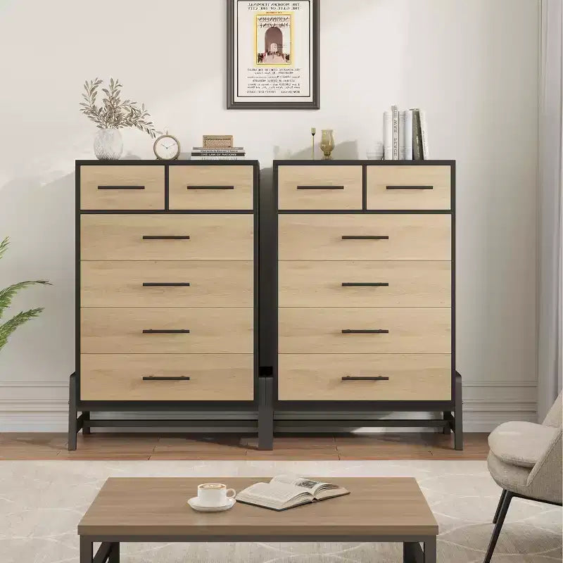 Commode à 6 tiroirs en chêne naturel, meuble de rangement autoportant (118 cm de hauteur) pour chambre, salon ou entrée