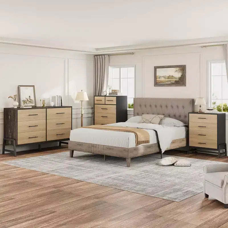 Commode à 6 tiroirs en chêne naturel, meuble de rangement autoportant (118 cm de hauteur) pour chambre, salon ou entrée