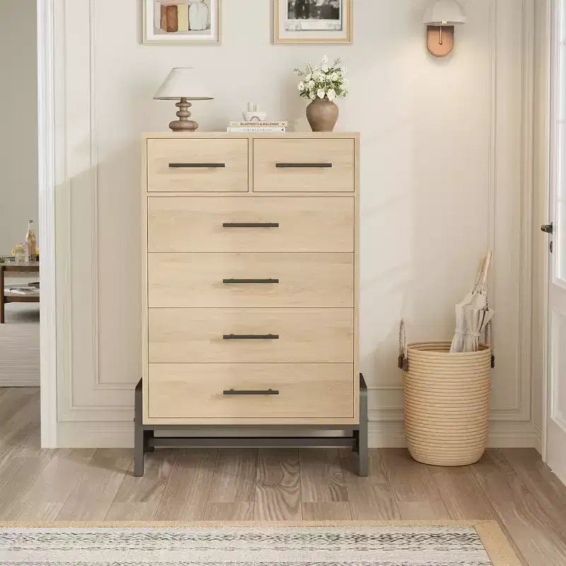 Natural Oak 6-Drawer Dresser, Freestanding Storage Chest (46.6 Tall)  For Bedroom, Living Room, or Entryway