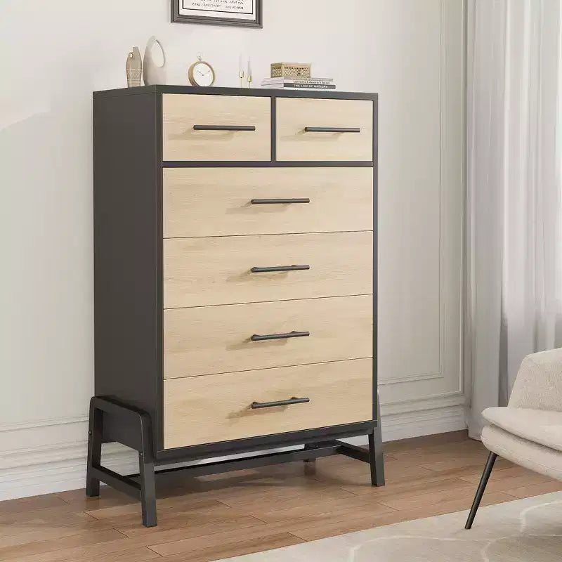 Commode à 6 tiroirs en chêne naturel, meuble de rangement autoportant (118 cm de hauteur) pour chambre, salon ou entrée