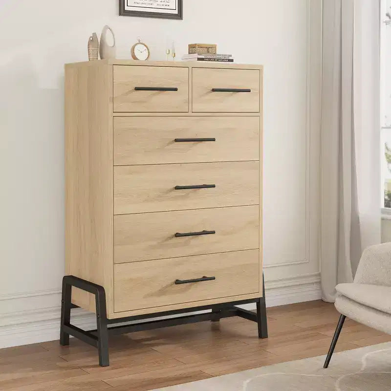 Commode à 6 tiroirs en chêne naturel, meuble de rangement autoportant (118 cm de hauteur) pour chambre, salon ou entrée