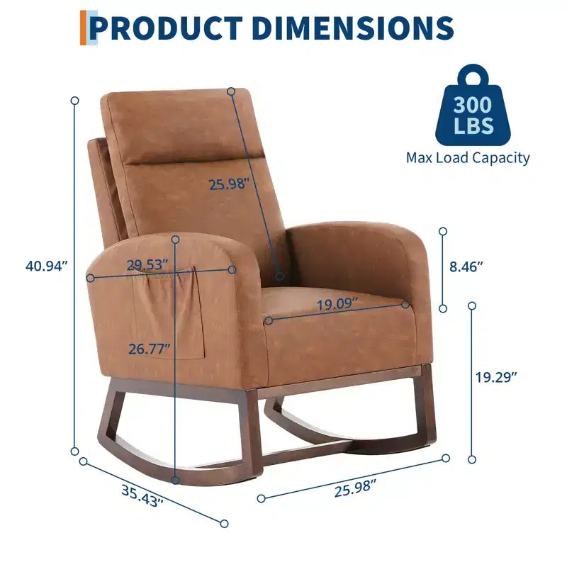Fauteuil à bascule rembourré COZONY avec dossier haut et pieds en bois, fauteuil à bascule d'appoint confortable pour chambre de bébé avec pochette latérale pour salon