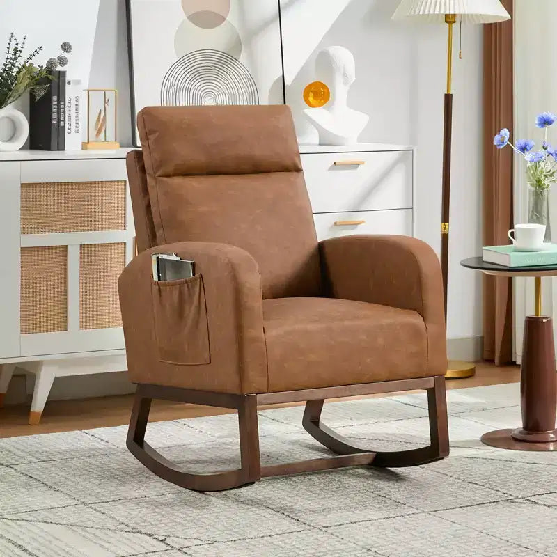 Fauteuil à bascule rembourré COZONY avec dossier haut et pieds en bois, fauteuil à bascule d'appoint confortable pour chambre de bébé avec pochette latérale pour salon
