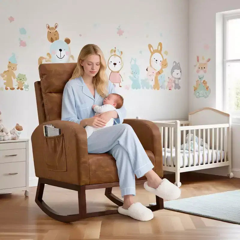 Fauteuil à bascule rembourré COZONY avec dossier haut et pieds en bois, fauteuil à bascule d'appoint confortable pour chambre de bébé avec pochette latérale pour salon