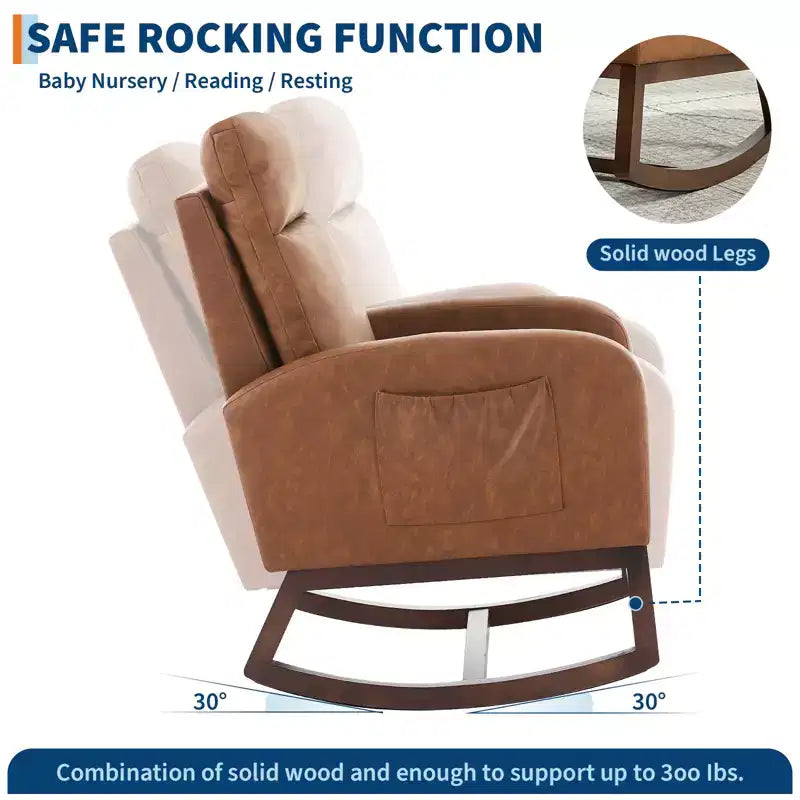 Fauteuil à bascule rembourré COZONY avec dossier haut et pieds en bois, fauteuil à bascule d'appoint confortable pour chambre de bébé avec pochette latérale pour salon