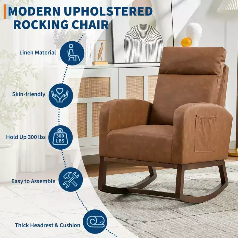 Fauteuil à bascule rembourré COZONY avec dossier haut et pieds en bois, fauteuil à bascule d'appoint confortable pour chambre de bébé avec pochette latérale pour salon