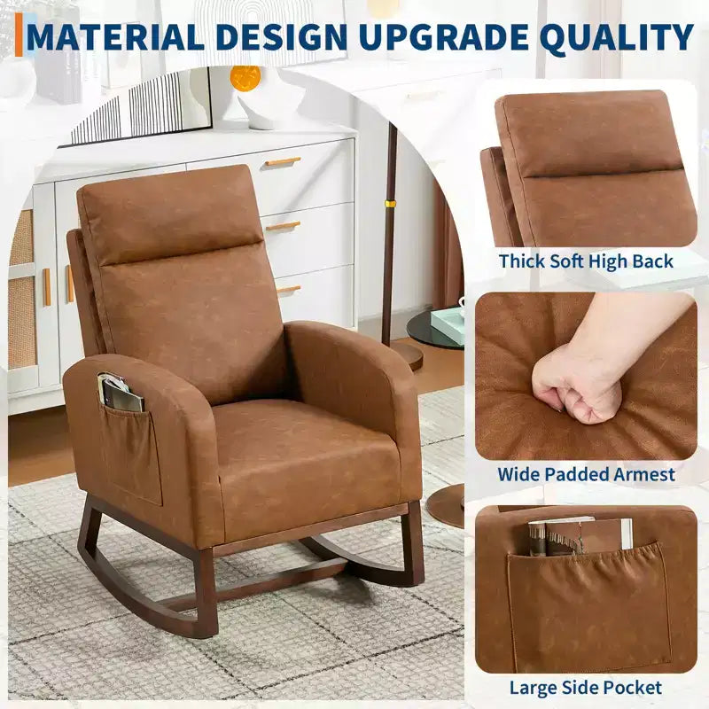 Fauteuil à bascule rembourré COZONY avec dossier haut et pieds en bois, fauteuil à bascule d'appoint confortable pour chambre de bébé avec pochette latérale pour salon