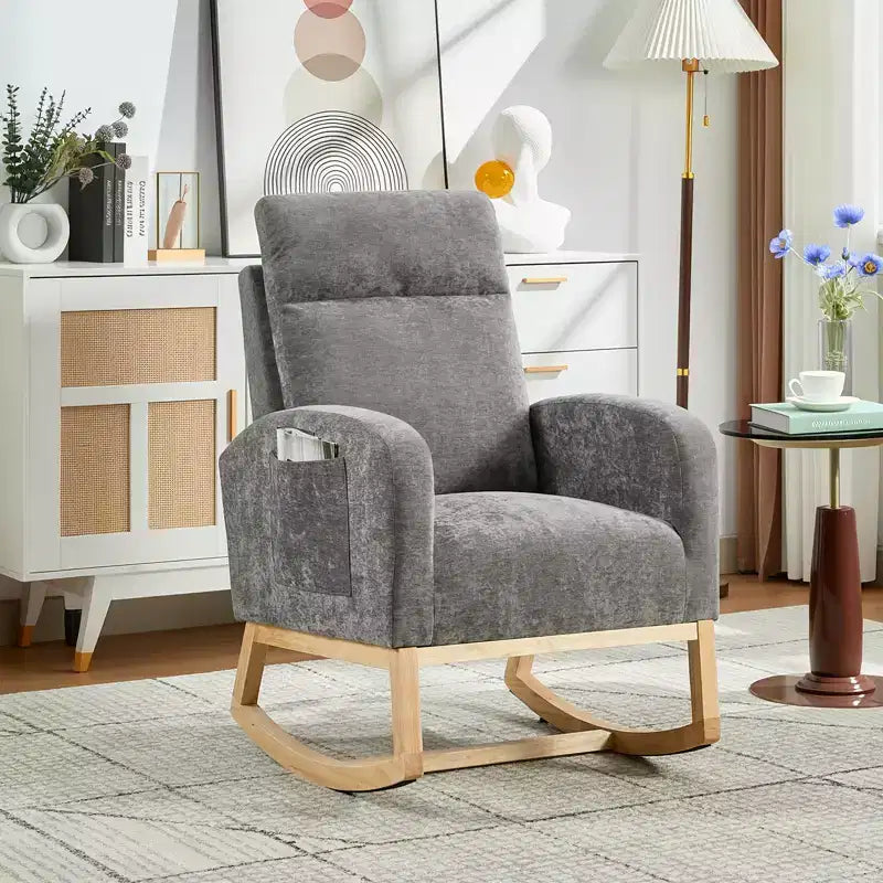 Fauteuil à bascule rembourré COZONY avec dossier haut et pieds en bois, fauteuil à bascule d'appoint confortable pour chambre de bébé avec pochette latérale pour salon