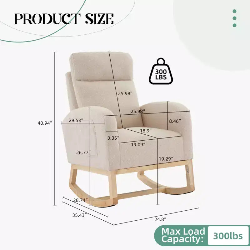 Fauteuil à bascule rembourré COZONY avec dossier haut et pieds en bois, fauteuil à bascule d'appoint confortable pour chambre de bébé avec pochette latérale pour salon