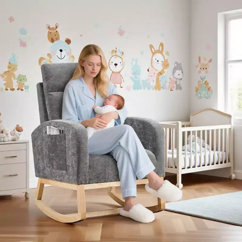 Fauteuil à bascule rembourré COZONY avec dossier haut et pieds en bois, fauteuil à bascule d'appoint confortable pour chambre de bébé avec pochette latérale pour salon