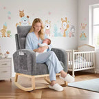 Fauteuil à bascule rembourré COZONY avec dossier haut et pieds en bois, fauteuil à bascule d'appoint confortable pour chambre de bébé avec pochette latérale pour salon