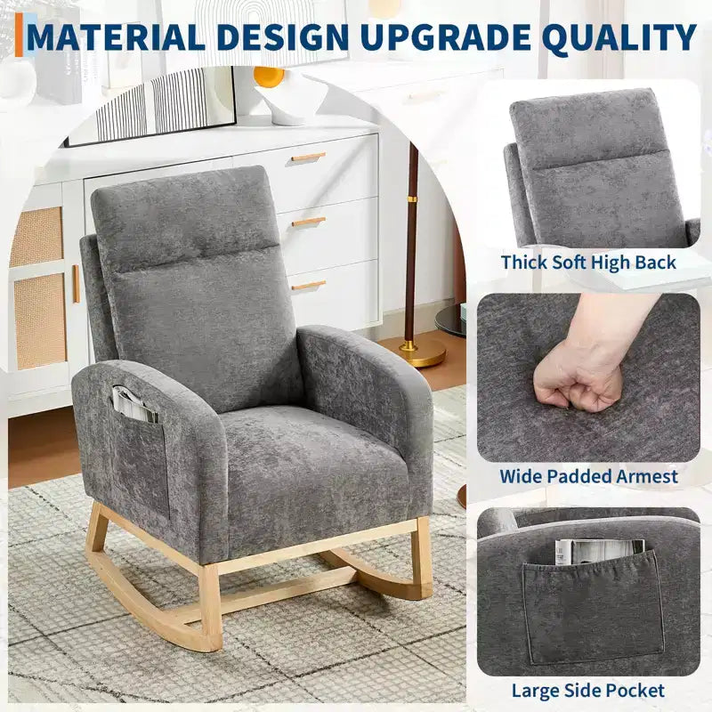 Fauteuil à bascule rembourré COZONY avec dossier haut et pieds en bois, fauteuil à bascule d'appoint confortable pour chambre de bébé avec pochette latérale pour salon