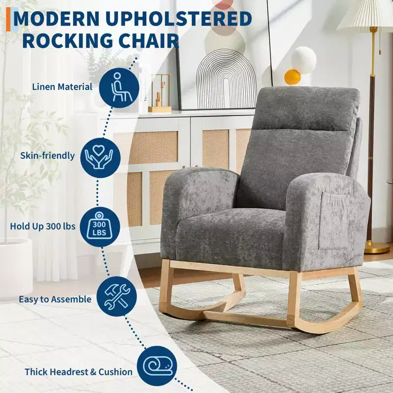 Fauteuil à bascule rembourré COZONY avec dossier haut et pieds en bois, fauteuil à bascule d'appoint confortable pour chambre de bébé avec pochette latérale pour salon
