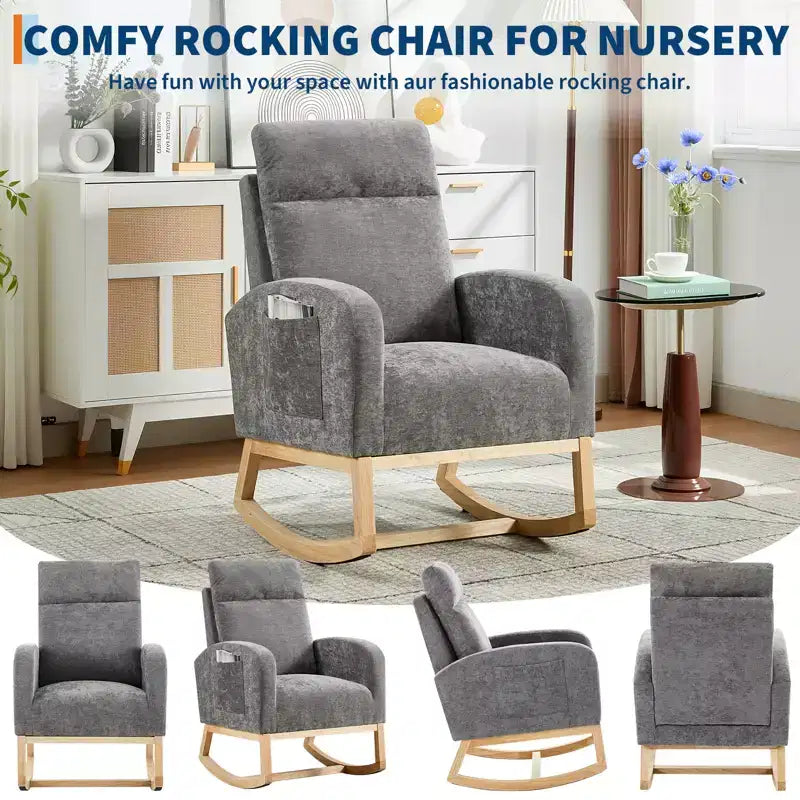 Fauteuil à bascule rembourré COZONY avec dossier haut et pieds en bois, fauteuil à bascule d'appoint confortable pour chambre de bébé avec pochette latérale pour salon