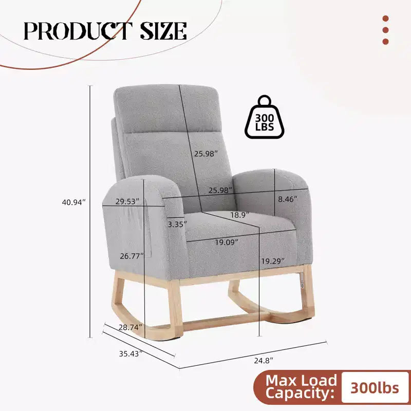 Fauteuil à bascule rembourré COZONY avec dossier haut et pieds en bois, fauteuil à bascule d'appoint confortable pour chambre de bébé avec pochette latérale pour salon