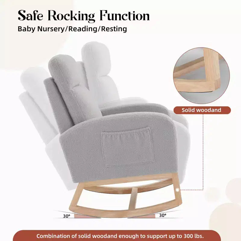 Fauteuil à bascule rembourré COZONY avec dossier haut et pieds en bois, fauteuil à bascule d'appoint confortable pour chambre de bébé avec pochette latérale pour salon